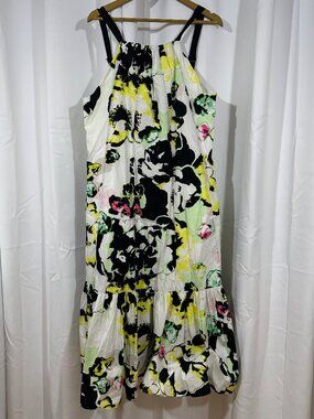 Peter Som Women's Medium Floral Midi Dress Cotton Black White Green Pink